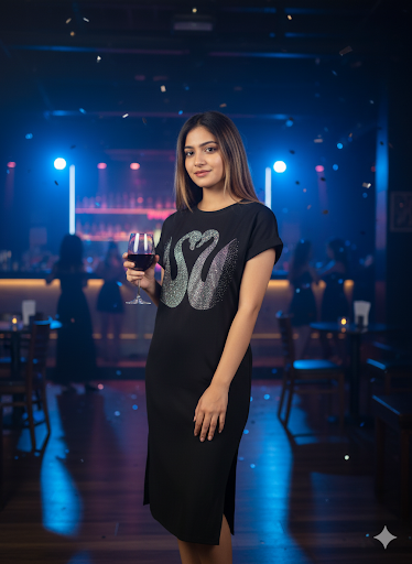 Model wearing black luxury comfort night dress, rear view with side slit