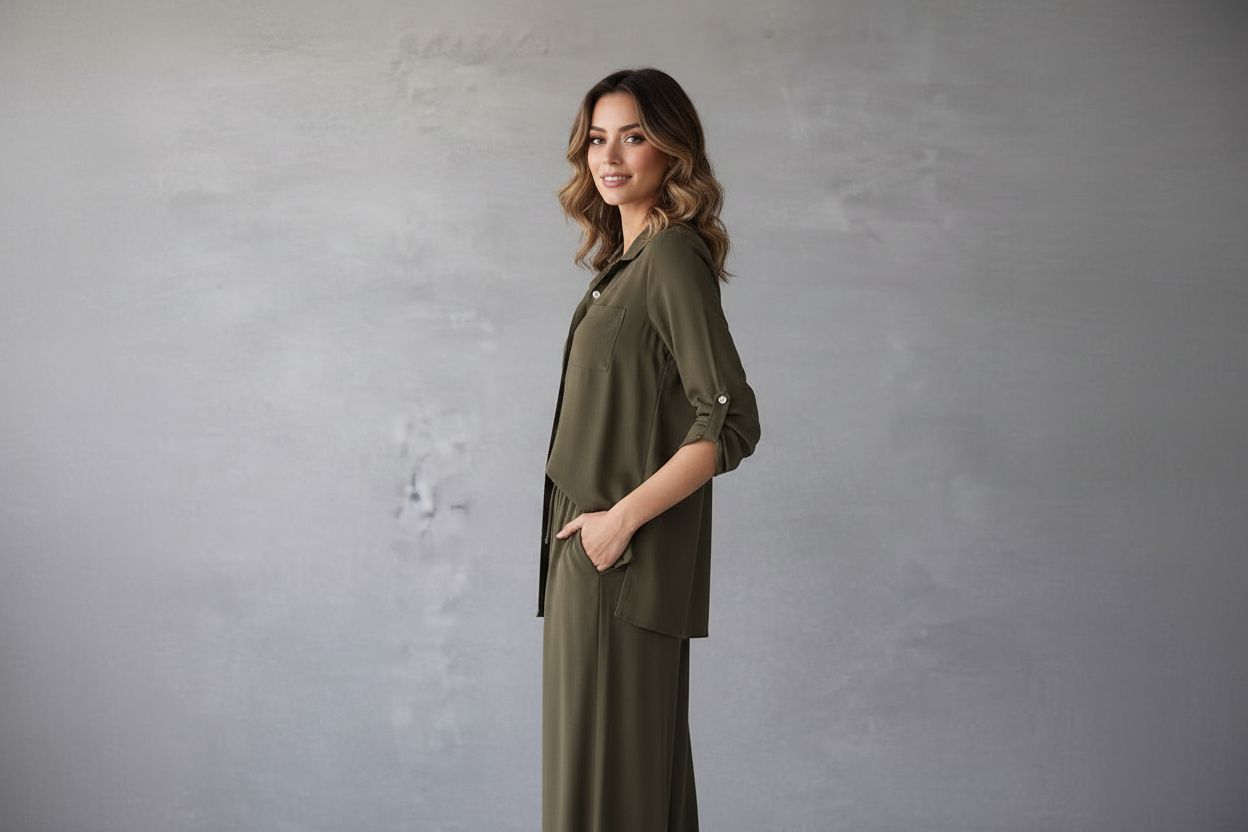 Woman wearing an olive green outfit against a gray background