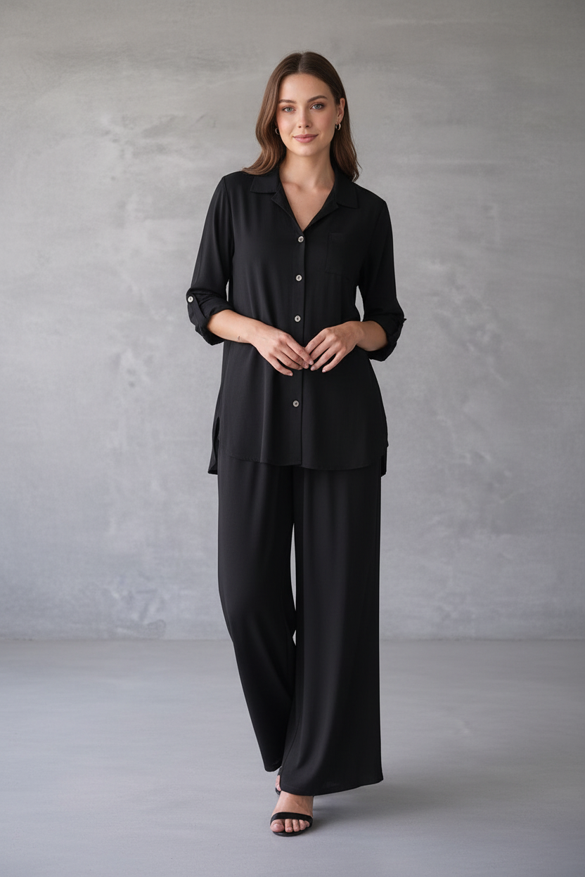 Woman wearing a black outfit against a gray background