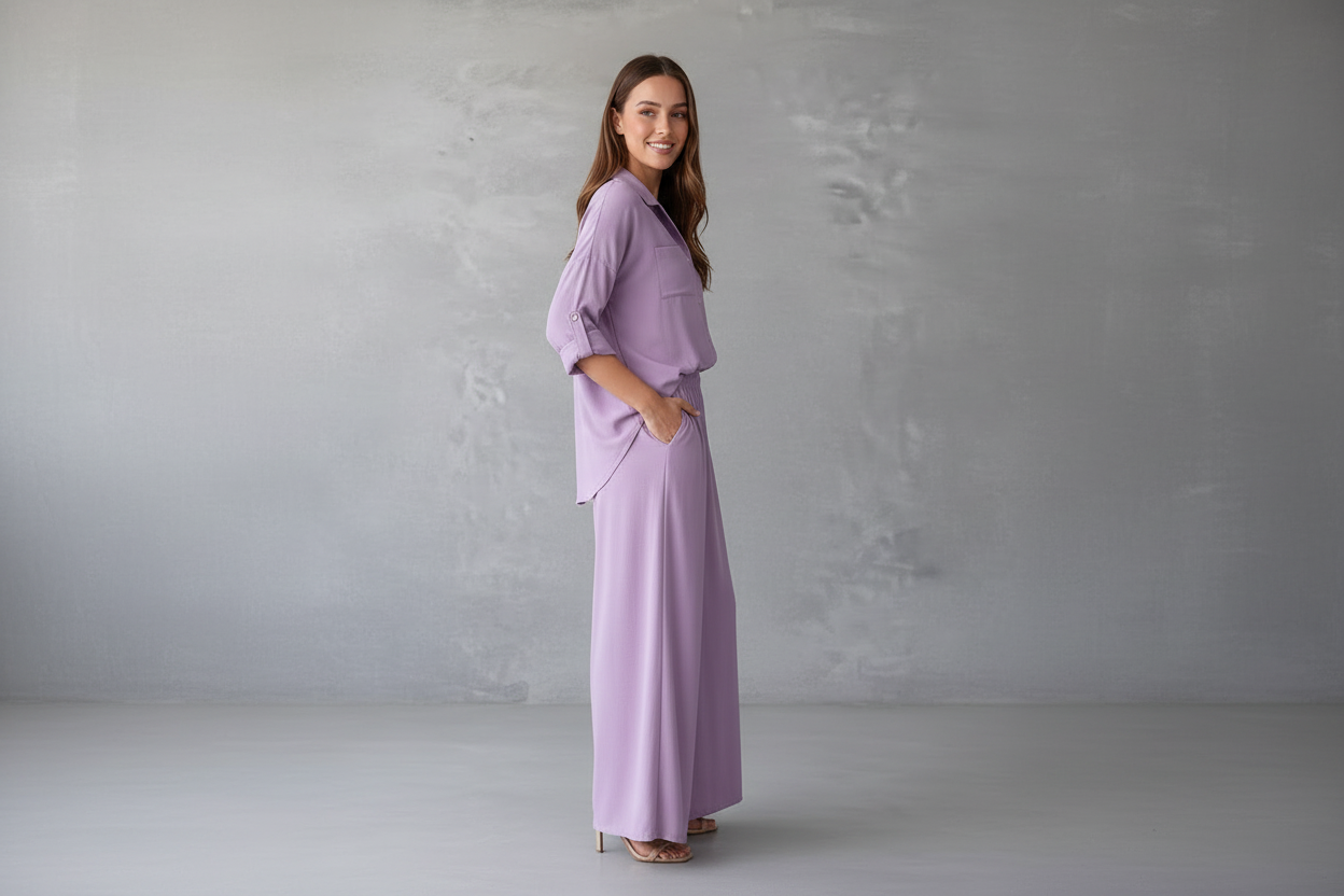 Woman wearing a lavender outfit standing against a plain gray background