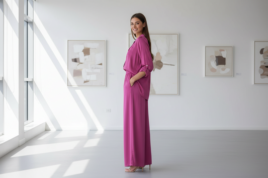 Woman in a pink dress standing in a bright room with white walls and large windows.