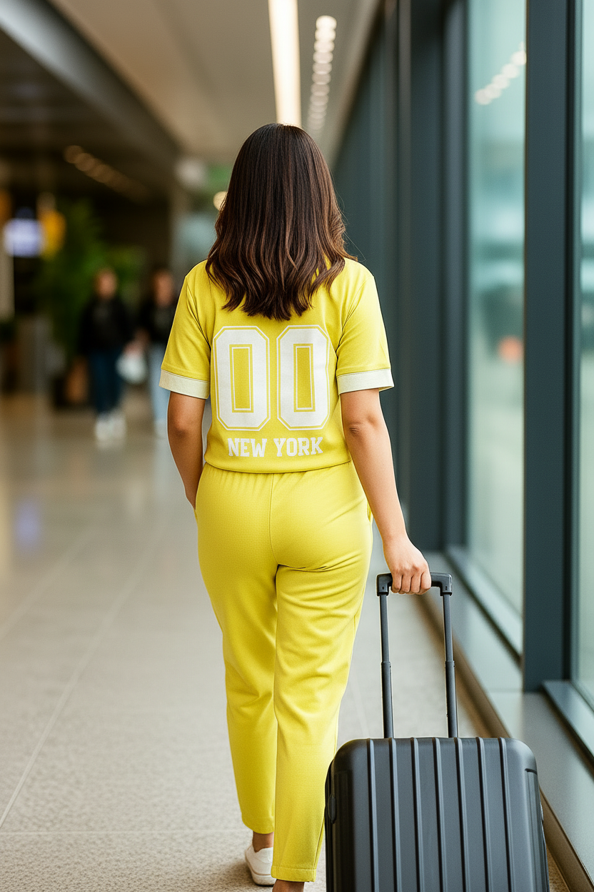 Person in a yellow outfit with 'New York' text, walking through an airport terminal.