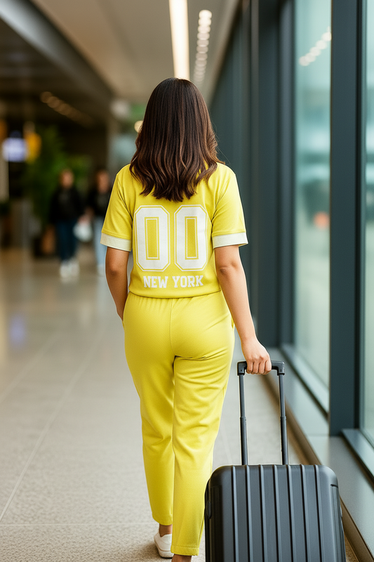 Person in a yellow outfit with 'New York' text, walking through an airport terminal.