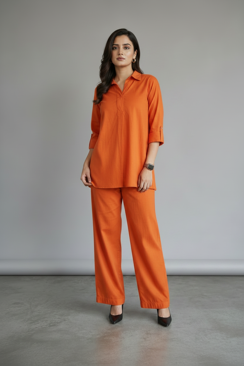 Orange cotton co ord set for women, women's cotton co ord set, office wear co ord set, premium cotton co ord set, collared shirt co ord set, women's western co ord set, casual cotton co ord set, smart casual outfit for women, breathable cotton matching set, stylish red co ord set