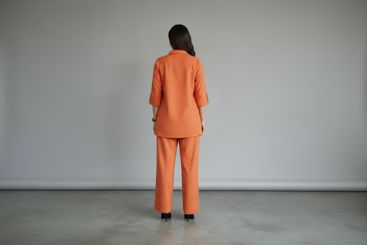 Orange cotton co ord set for women, women's cotton co ord set, office wear co ord set, premium cotton co ord set, collared shirt co ord set, women's western co ord set, casual cotton co ord set, smart casual outfit for women, breathable cotton matching set, stylish red co ord set