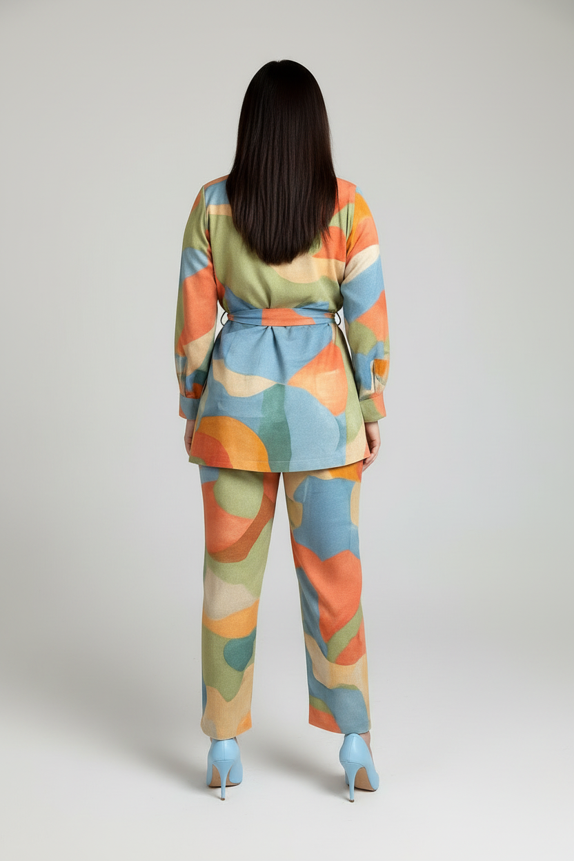 Person wearing a colorful patterned outfit on a plain background