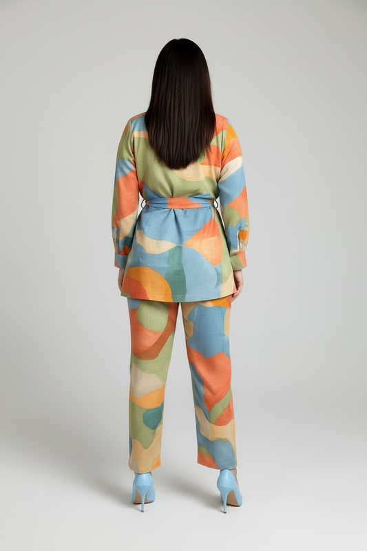 Person wearing a colorful patterned outfit on a plain background