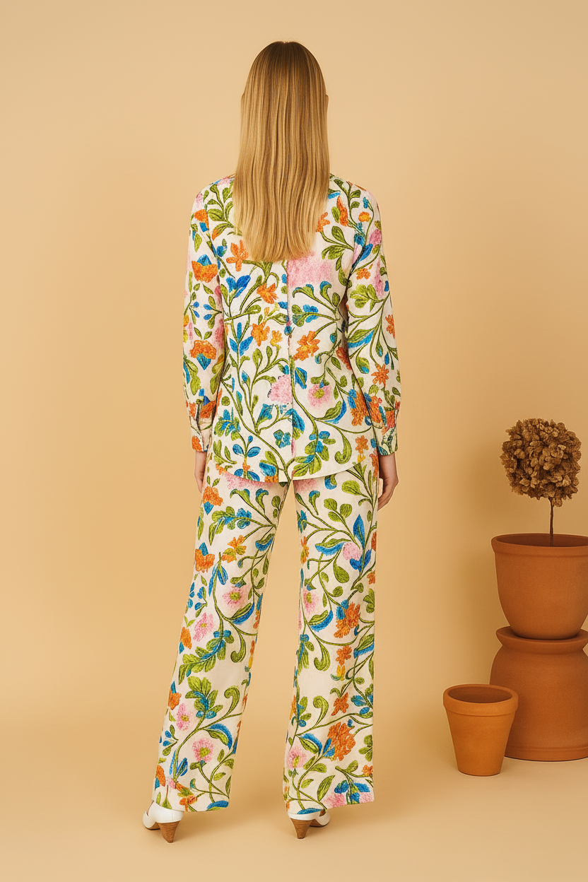 Woman wearing a colorful floral outfit standing against a beige background with potted plants.