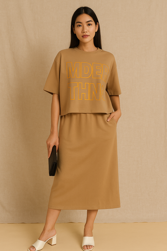 Woman wearing a brown outfit with text on a beige background