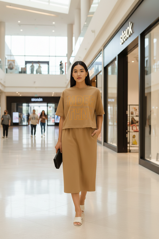 Woman in a beige outfit walking through a shopping mall.