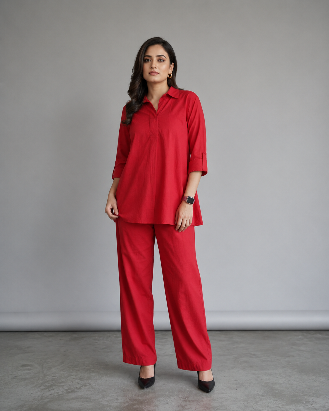 red cotton co ord set for women, women's cotton co ord set, office wear co ord set, premium cotton co ord set, collared shirt co ord set, women's western co ord set, casual cotton co ord set, smart casual outfit for women, breathable cotton matching set, stylish red co ord set