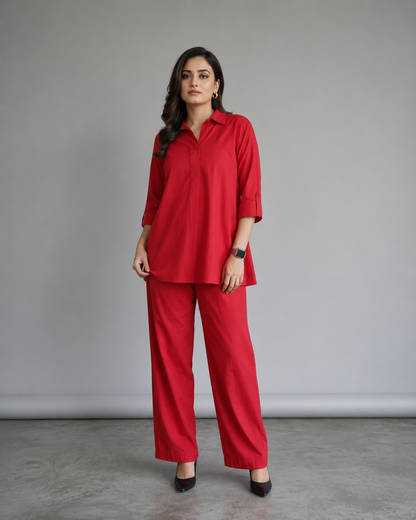 red cotton co ord set for women, women's cotton co ord set, office wear co ord set, premium cotton co ord set, collared shirt co ord set, women's western co ord set, casual cotton co ord set, smart casual outfit for women, breathable cotton matching set, stylish red co ord set