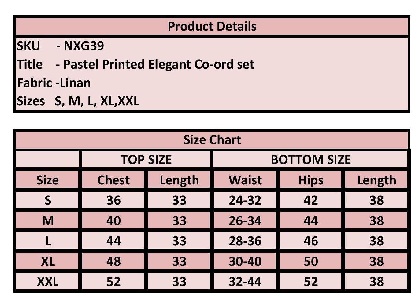 A size chart and product details table for a pastel printed elegant co-ord set, showing sizes S through XXL with chest, length, waist, hips, and length measurements.