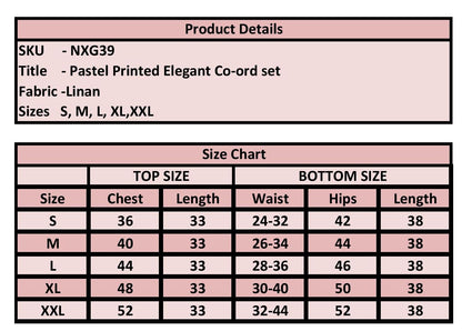 A size chart and product details table for a pastel printed elegant co-ord set, showing sizes S through XXL with chest, length, waist, hips, and length measurements.