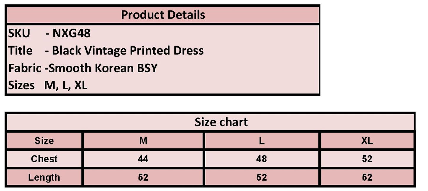 Product details of a black vintage printed dress with size chart on a pink background