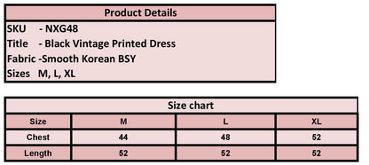 Product details of a black vintage printed dress with size chart on a pink background