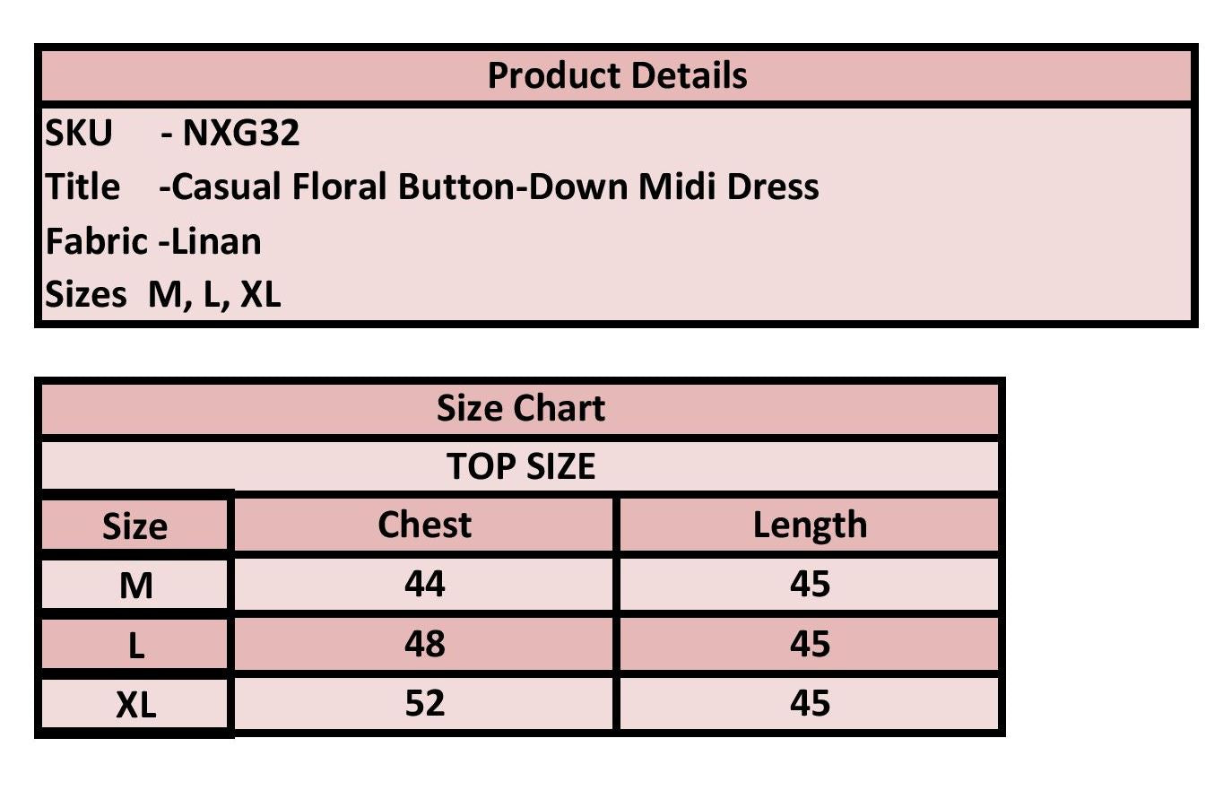 Product details and size chart table for a casual floral button-down midi dress, showing SKU NXG32 and sizing information for M, L, and XL sizes.