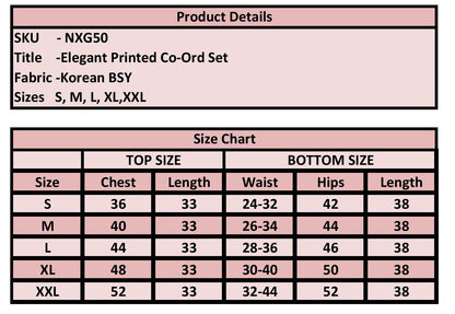 Product details and size chart for an elegant printed co-ord set with fabric information and size measurements.