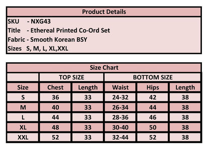 A product details and size chart table for a Korean BSY co-ord set. The top section contains product information including SKU NXG43, title 'Ethereal Printed Co-Ord Set', fabric 'Smooth Korean BSY', and sizes S, M, L, XL, XXL.