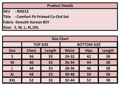 Product details and size chart for a comfort fit printed co-ord set on a pink background