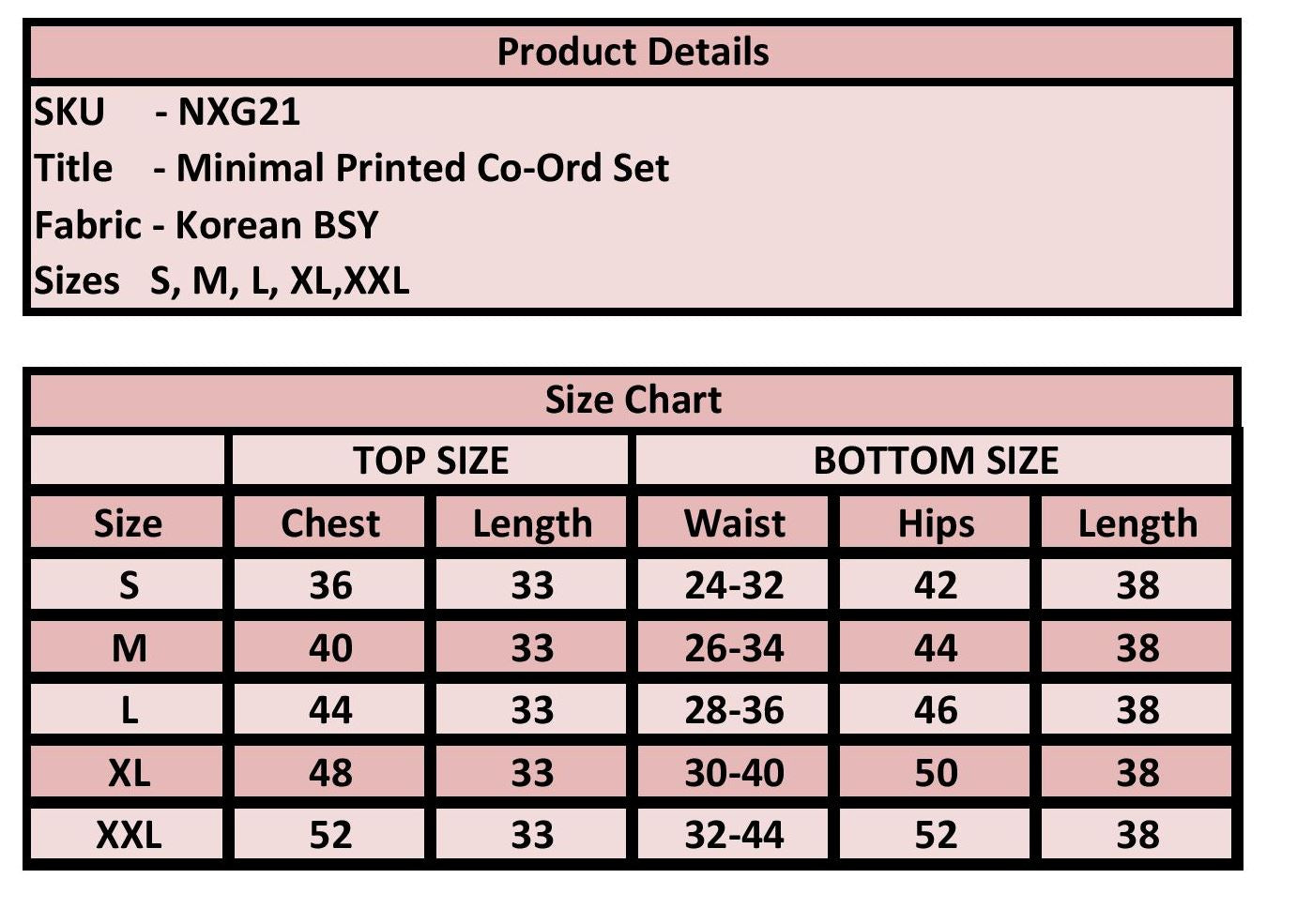 A size chart table for a Korean BSY minimal printed co-ord set, showing measurements for sizes S through XXL in both top size and bottom size categories.