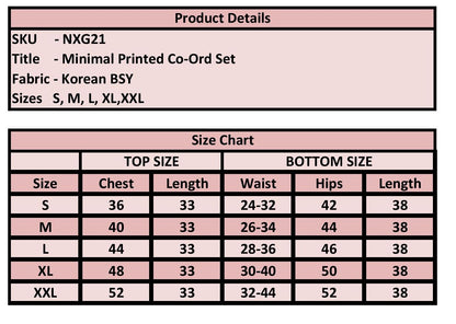 A size chart table for a Korean BSY minimal printed co-ord set, showing measurements for sizes S through XXL in both top size and bottom size categories.