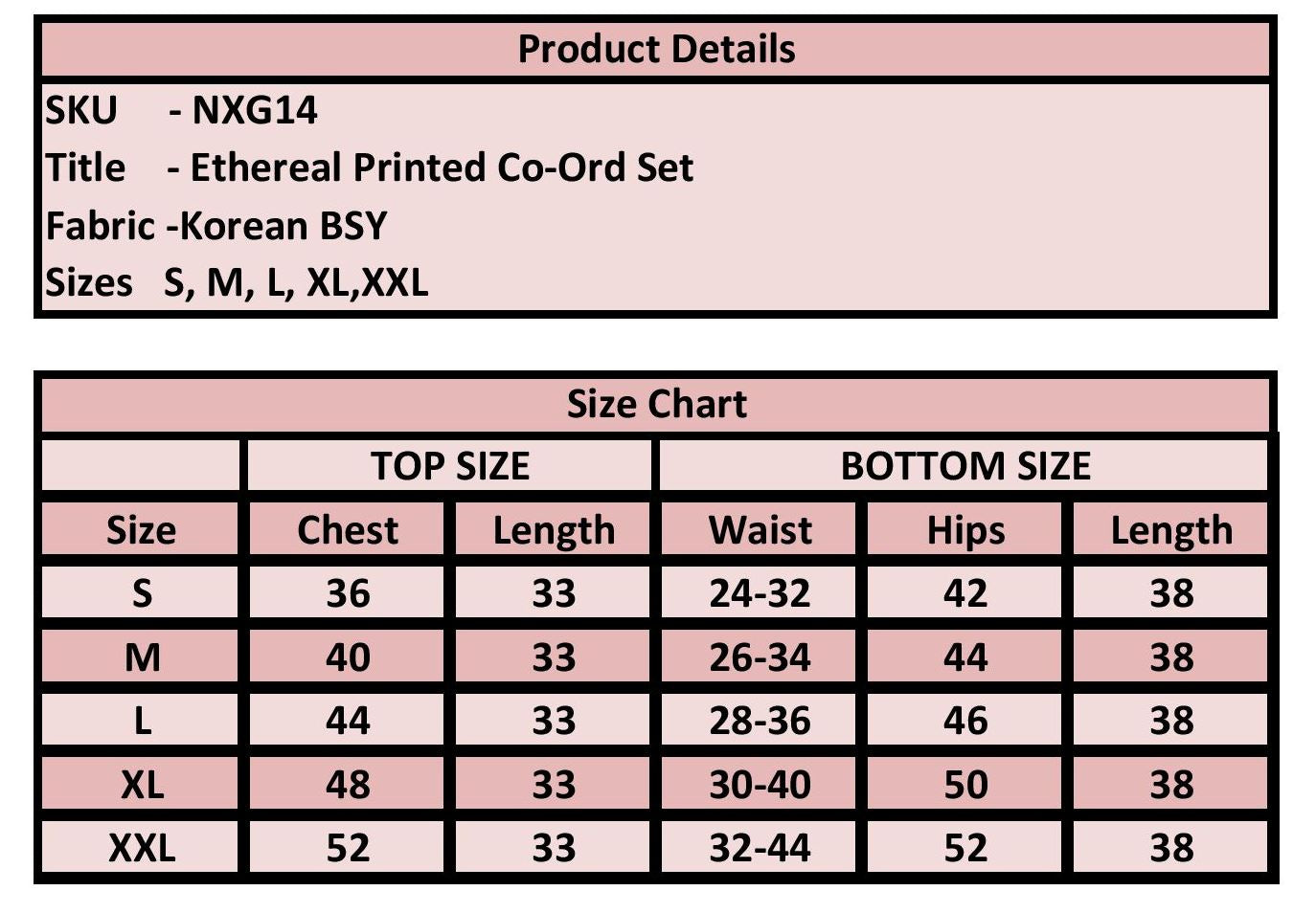 Product details and size chart for an 'Ethereal Printed Co-Ord Set' with fabric information and size measurements.