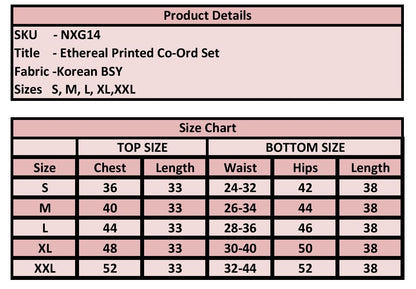 Product details and size chart for an 'Ethereal Printed Co-Ord Set' with fabric information and size measurements.