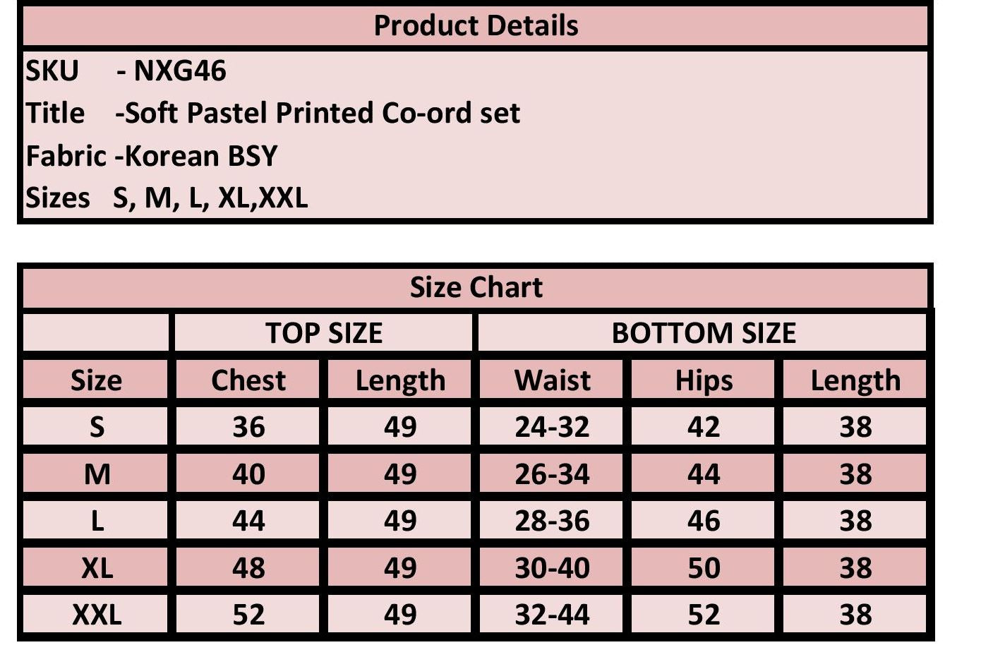Product details and size chart for a soft pastel printed co-ord set with fabric information.