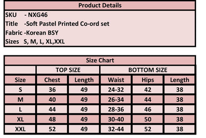 Product details and size chart for a soft pastel printed co-ord set with fabric information.