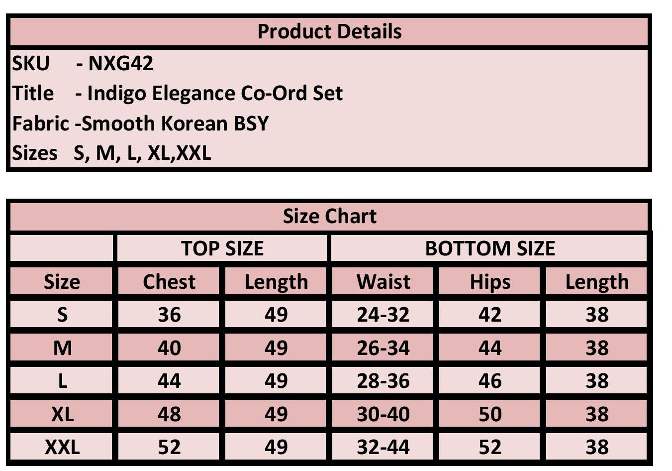 A size chart and product details table for an indigo elegance co-ord set, showing measurements for sizes S, M, L, XL, and XXL.