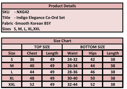 A size chart and product details table for an indigo elegance co-ord set, showing measurements for sizes S, M, L, XL, and XXL.