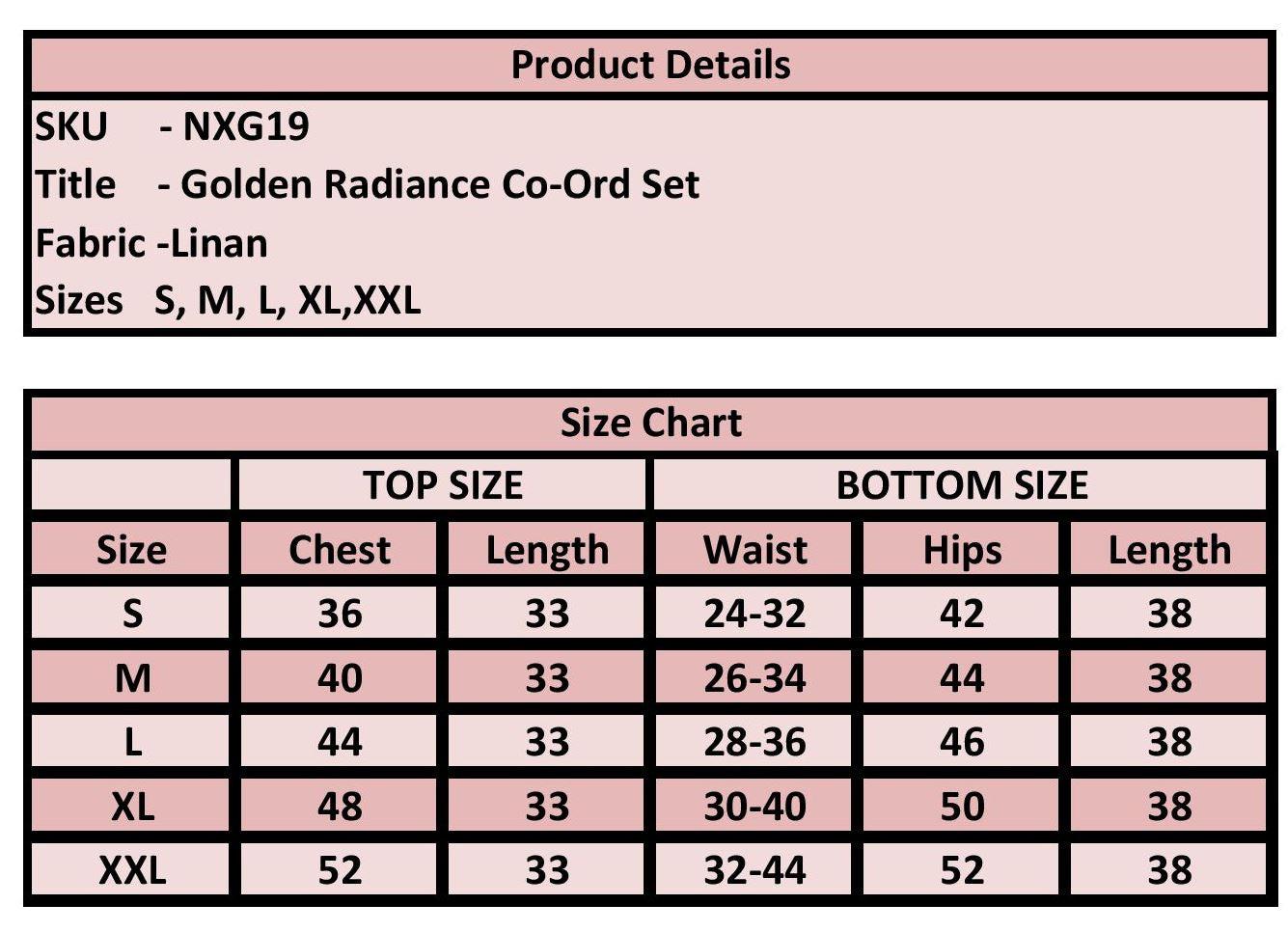 Product details and size chart for Golden Radiance Co-Ord Set on a pink background