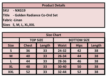 Product details and size chart for Golden Radiance Co-Ord Set on a pink background
