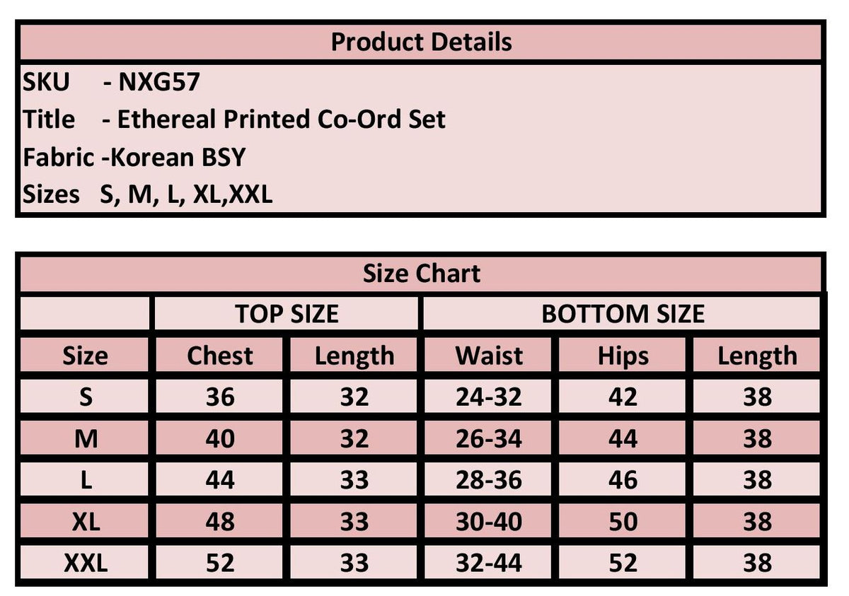 A product details and size chart table for a Korean BSY ethereal printed co-ord set, showing measurements for sizes S through XXL.