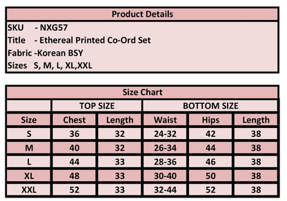 A product details and size chart table for a Korean BSY ethereal printed co-ord set, showing measurements for sizes S through XXL.