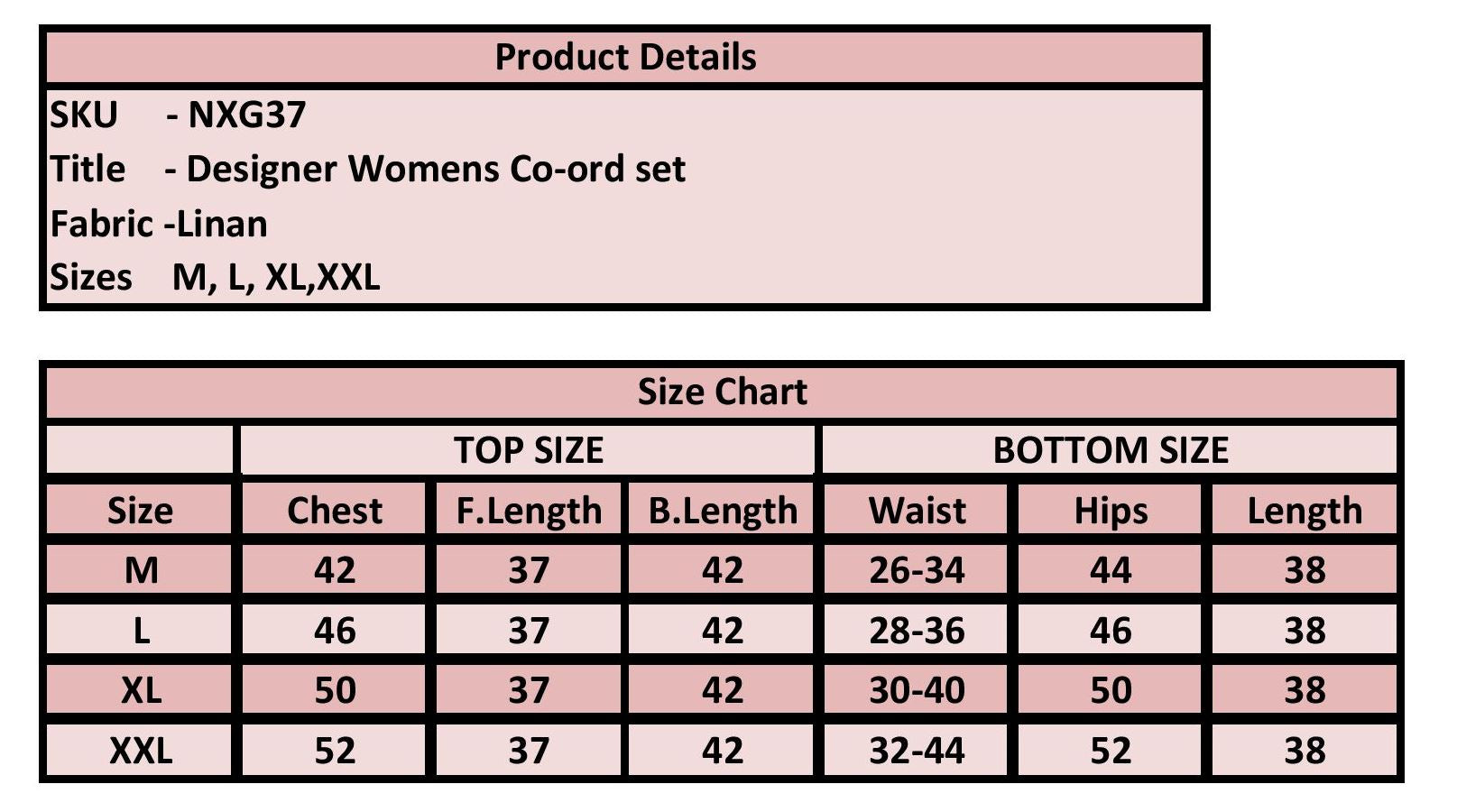 Product details and size chart for a designer women's coord set on a pink background