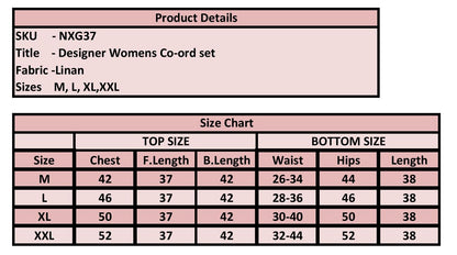 Product details and size chart for a designer women's coord set on a pink background