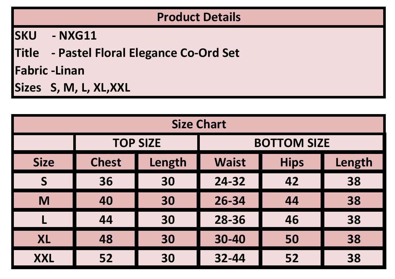 A size chart and product details table for a 'Pastel Floral Elegance Co-Ord Set' in fabric/linen, showing measurements for sizes S through XXL.