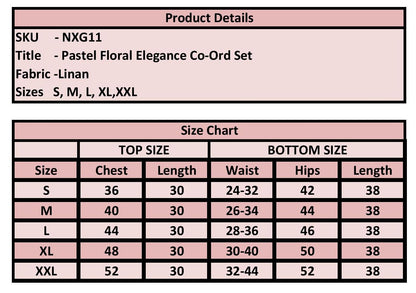 A size chart and product details table for a 'Pastel Floral Elegance Co-Ord Set' in fabric/linen, showing measurements for sizes S through XXL.