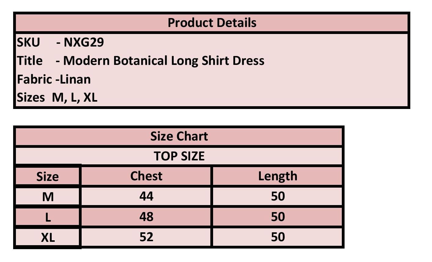 A product details and size chart graphic for a modern botanical long shirt dress. The top section lists product details including SKU NXG29, title, fabric, and sizes M, L, and XL.