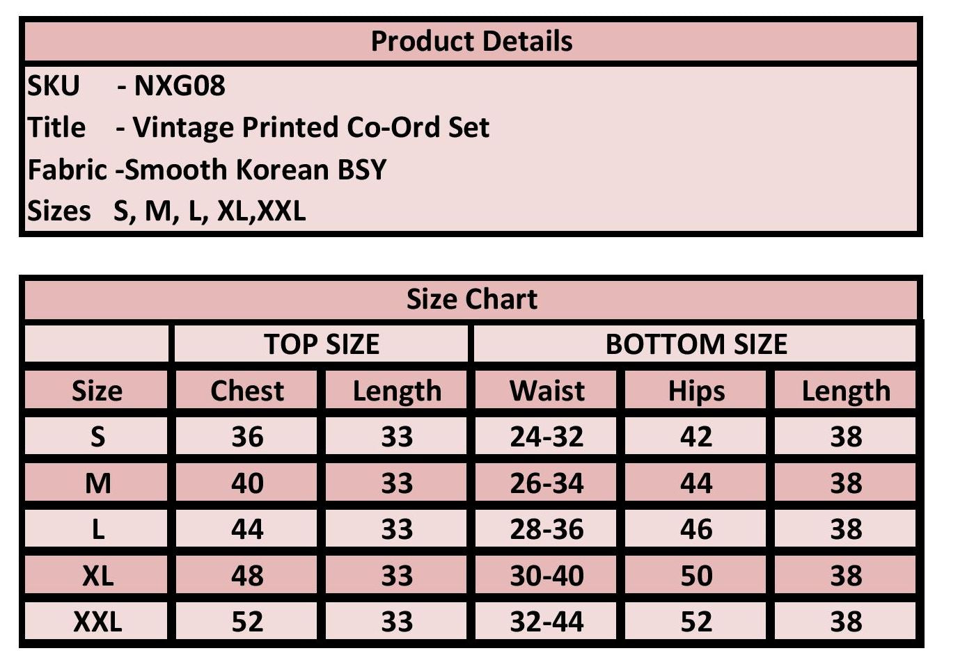 Product details and size chart for a vintage printed co-ord set on a pink background