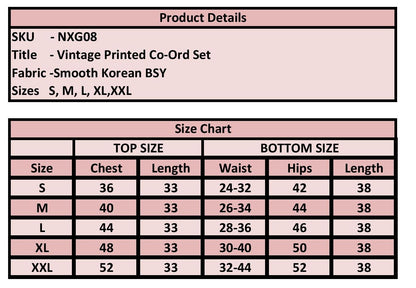 Product details and size chart for a vintage printed co-ord set on a pink background