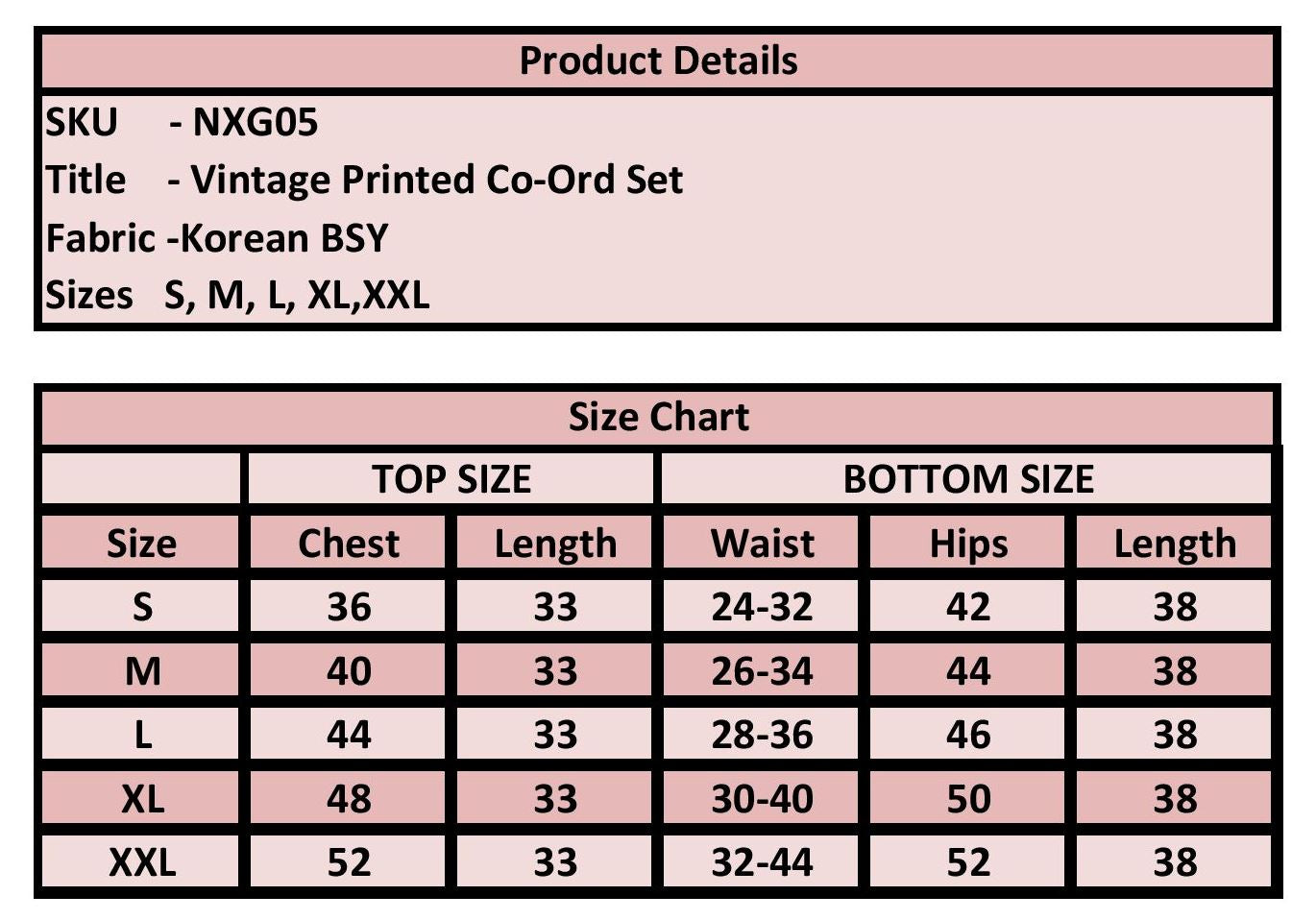 A size chart and product details table for a vintage printed co-ord set. The chart lists sizes S through XXL with measurements for chest, length, waist, hips, and length.