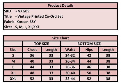 A size chart and product details table for a vintage printed co-ord set. The chart lists sizes S through XXL with measurements for chest, length, waist, hips, and length.