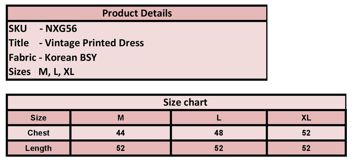 A product details and size chart table for a vintage printed dress. The top section lists product details including SKU NXG56, title, fabric Korean BSY, and sizes M, L, XL.
