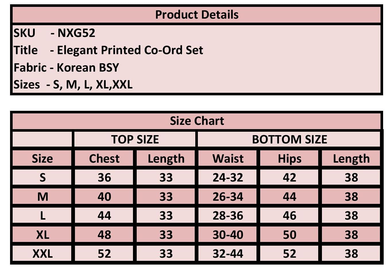 Product details and size chart for an elegant printed co-ord set with fabric information and size measurements.