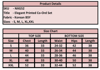 Product details and size chart for an elegant printed co-ord set with fabric information and size measurements.
