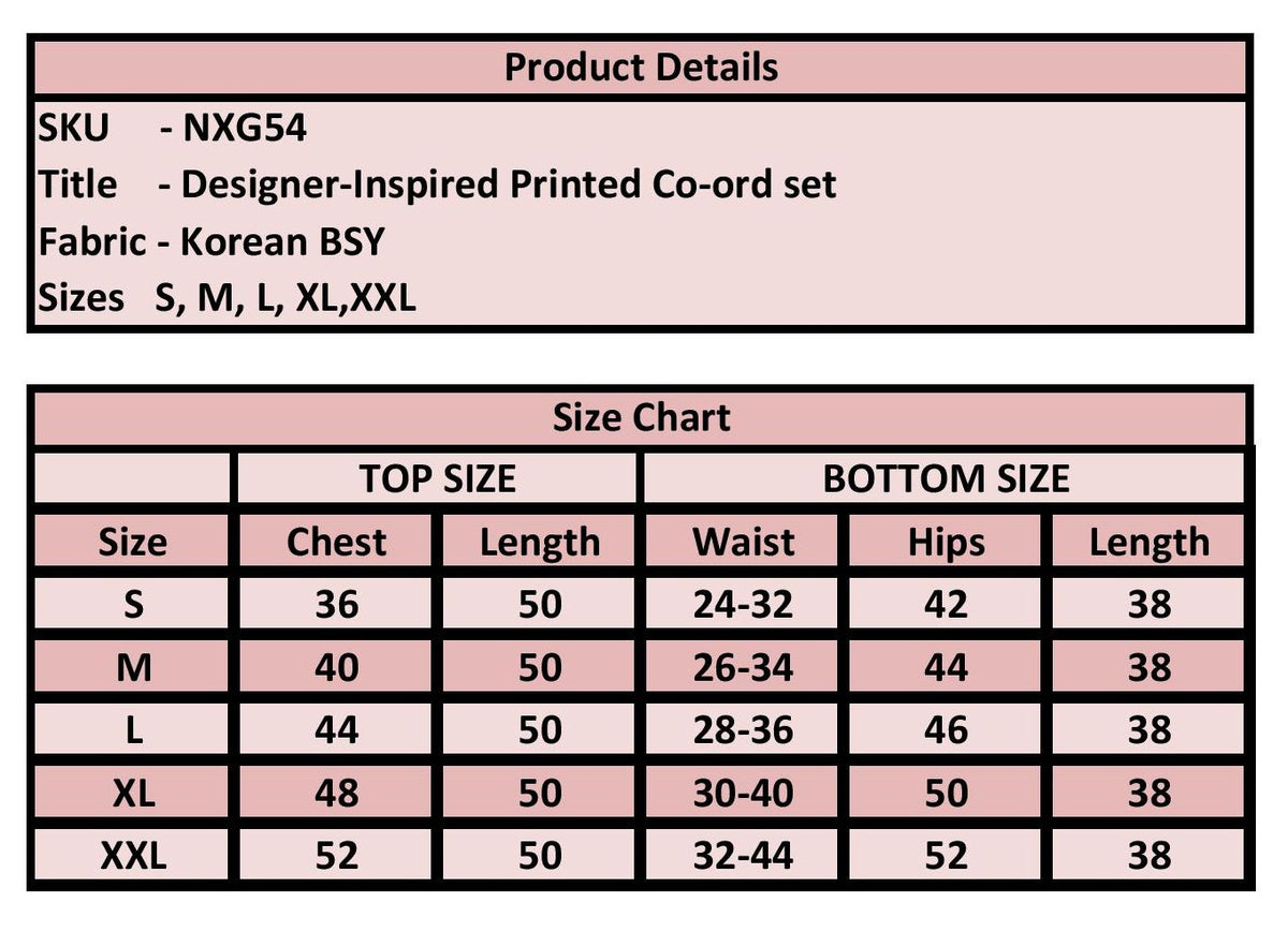 A product details and size chart table for a Korean BSY co-ord set, showing measurements for sizes S through XXL with chest, length, waist, hips, and lower leg length columns.