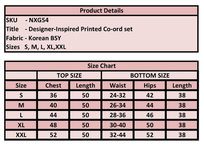 A product details and size chart table for a Korean BSY co-ord set, showing measurements for sizes S through XXL with chest, length, waist, hips, and lower leg length columns.